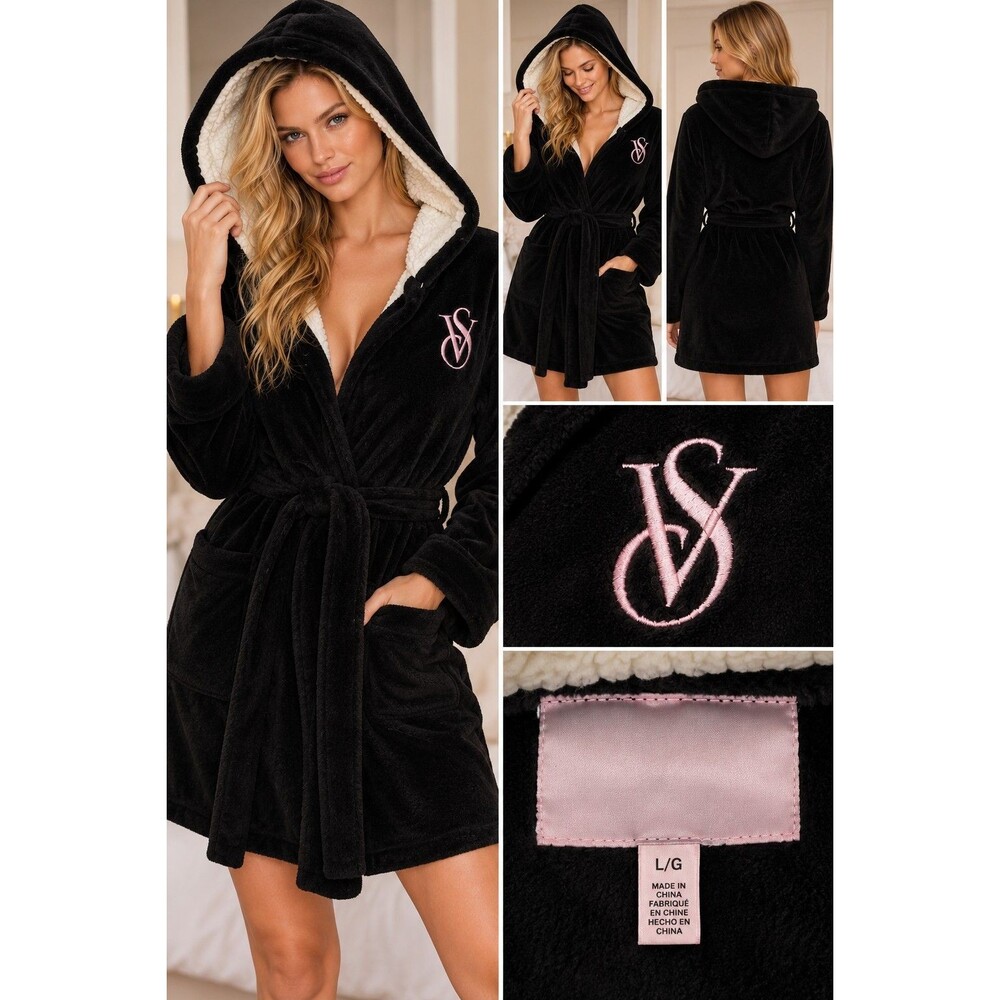 Victoria’s Secret VS Black Plush Hooded Sherpa Robe Pink Logo Women’s Large